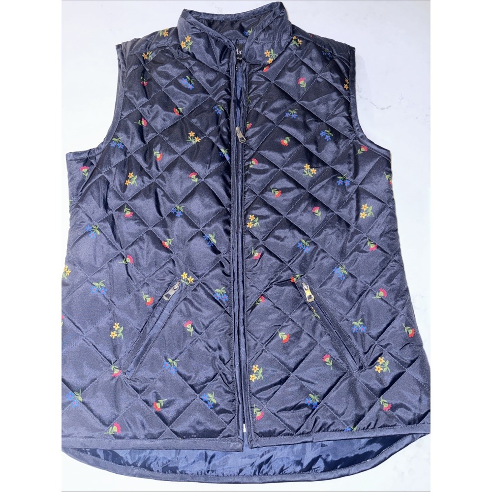 Jason Maxwell Womens S Quilted Vest Blue Floral Full Zip Navy Blue Puffer Flower
